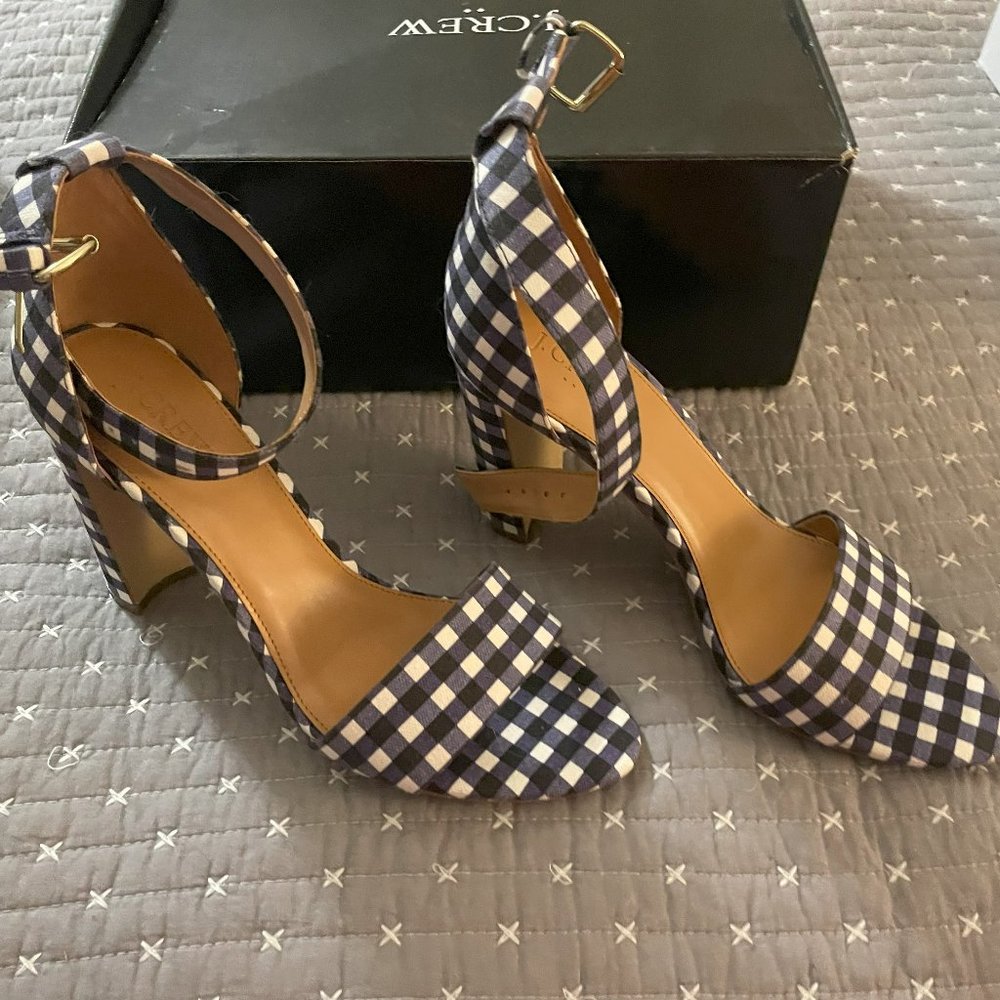 J Crew Blue and Whit Gingham Chunky Heel Sandals